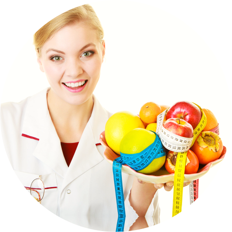 medical staff with fruits and tape measure